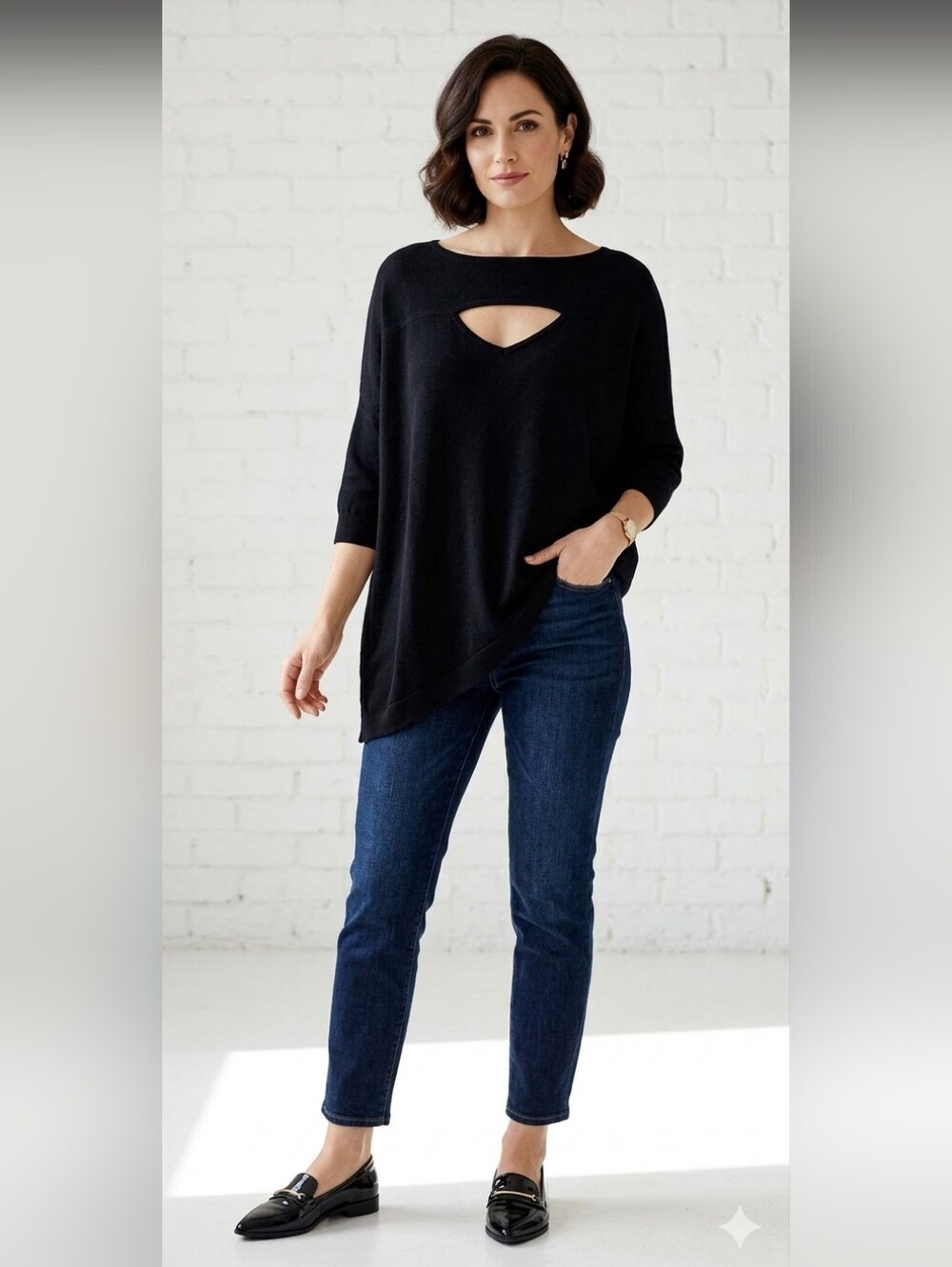 Karen Millen 100% Wool Black Knit Cut-Out Sweater Top - Size large